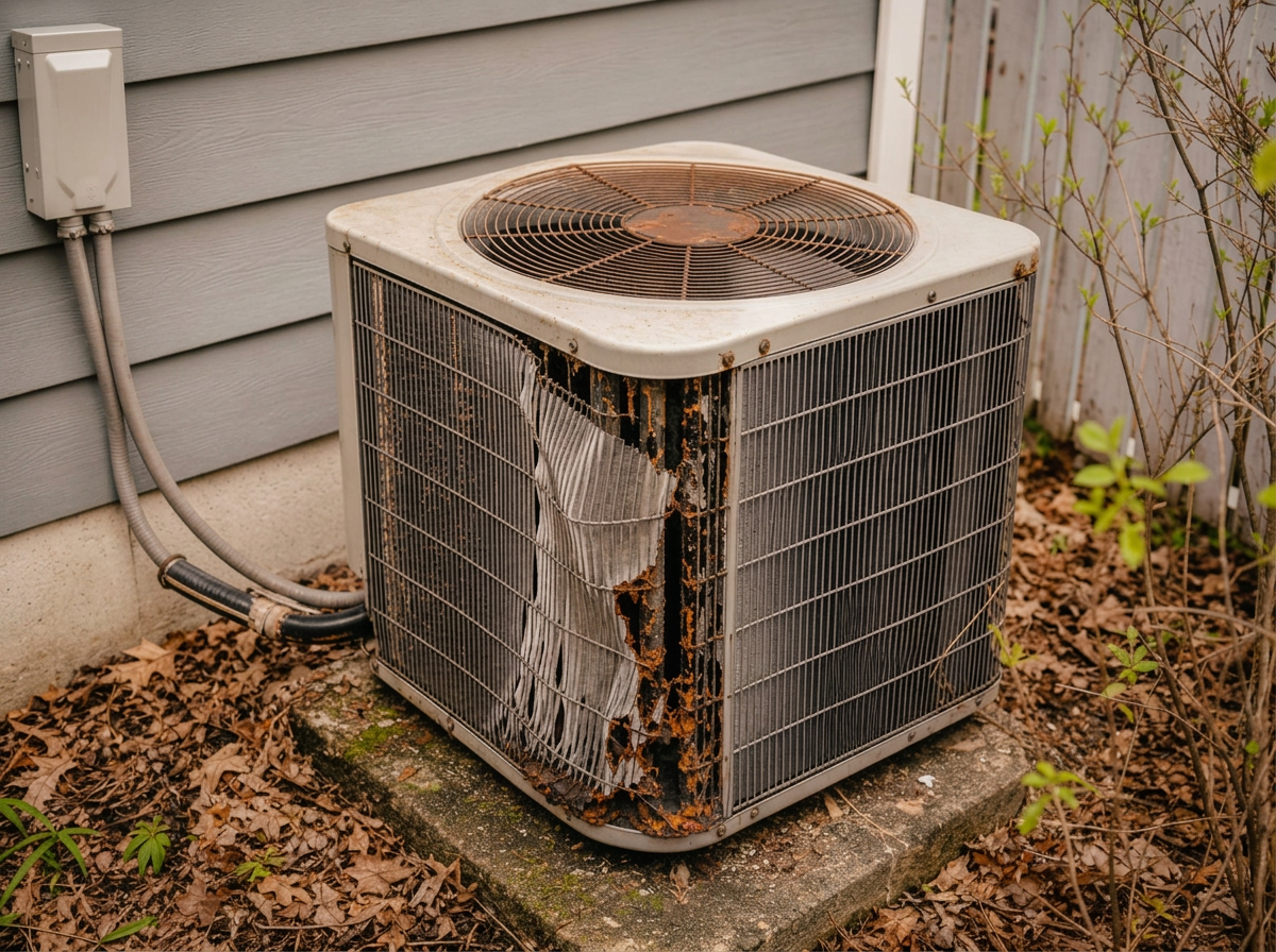 Broken and rusted outdoor HVAC condenser unit