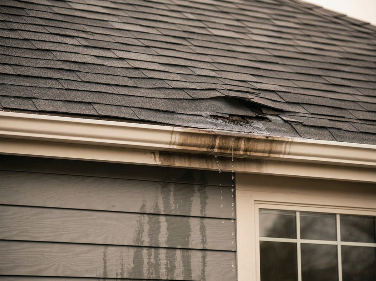 Residential roof with water damage and a leaking gutter