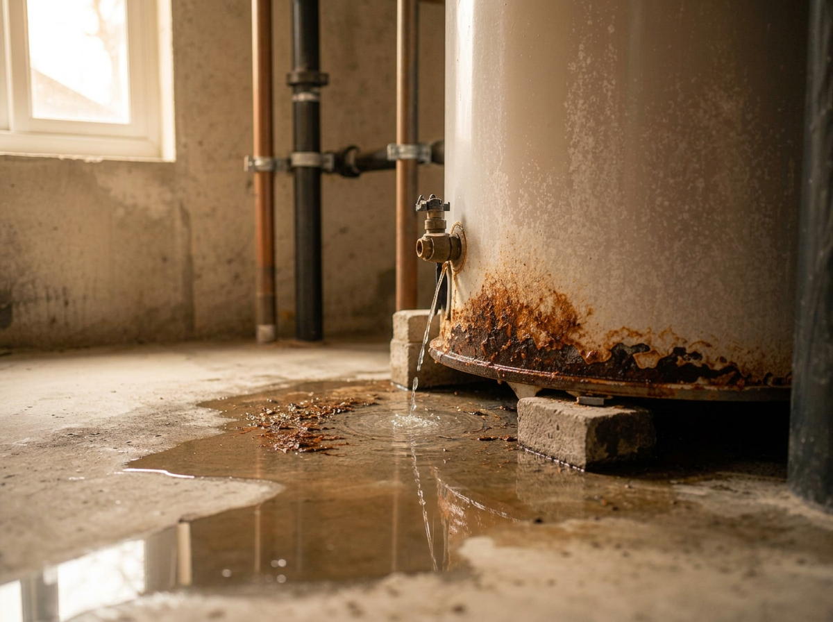 Leaking residential water heater with water pooling at the base